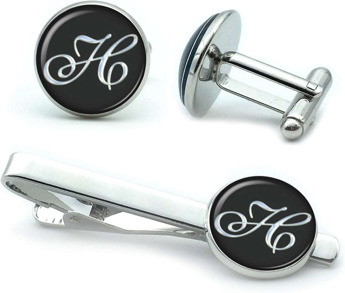B Seve Mens' Personalized Initial Set of Cufflinks and Tie Clip Silver Suit Letter Cuff Link with Giftbox A-Z