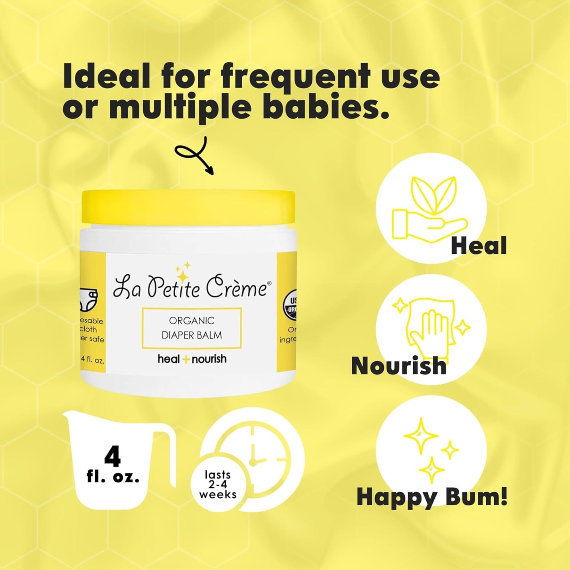 La Petite Creme French Organic Diaper Balm (4 oz) - Healing & Nourishing Diaper Cream - Gentle & Safe Liniment Baby Lotion - USDA Certified Organic - Baby Essentials for Newborn