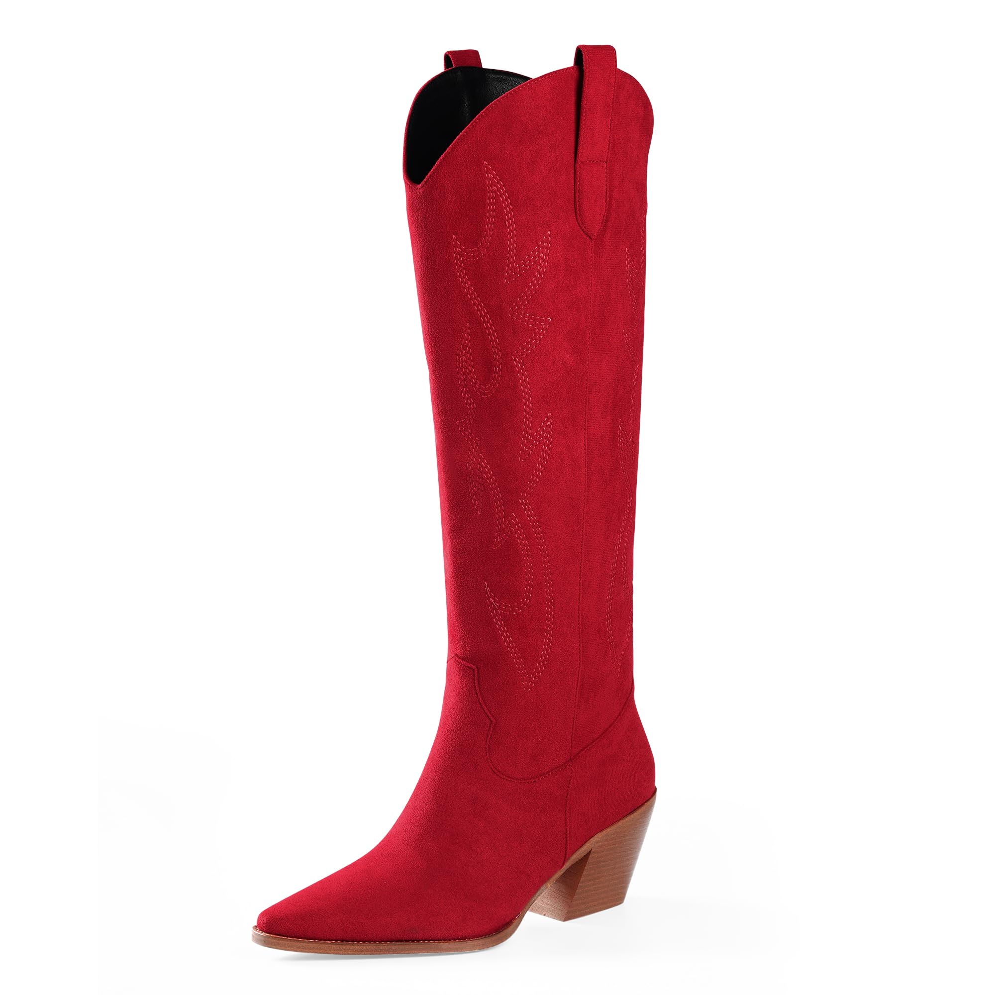 Photo 1 of (used) Cowgirl Boots Knee High Pointed Toe and Block Heel Suede Cowboy Boots for Women with Embroidered, Red Size 9
