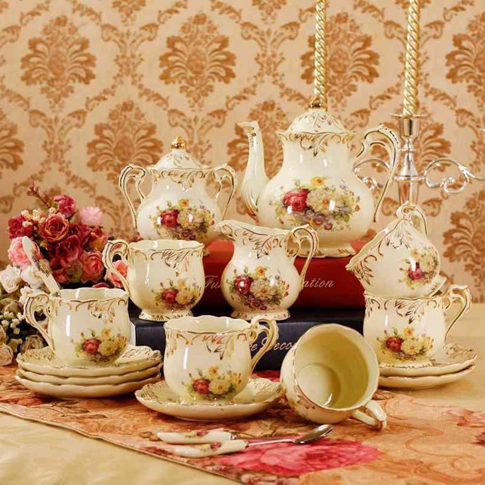 Dinner Sets HAIZHEN Coffee Set With 15 Pieces European Tea Sets ย Ceramic English Coffee Cup Teapot Set Pastoral Gifts Ceramic