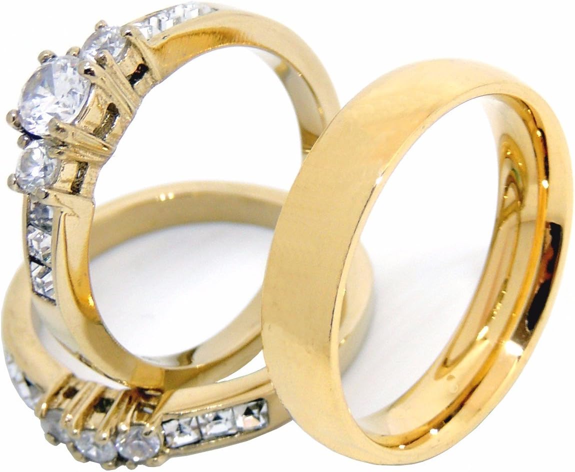 Lanyjewelry His Hers Couples Rings Set 14K Gold Plated Small Round CZ Engagement Ring Set Mens Matching Band