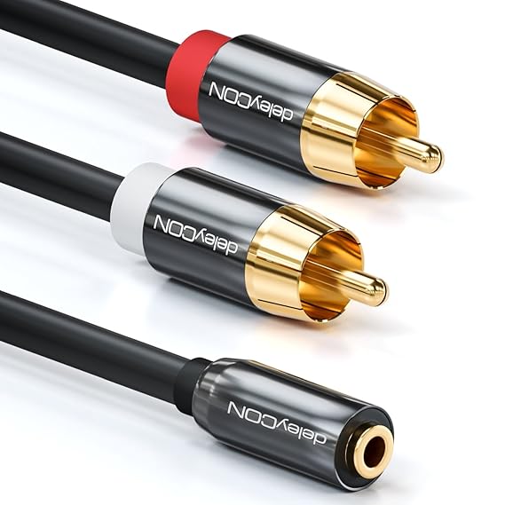 deleyCON 0,2m Audio Adapter - 3,5mm Klinken Buchse zu 2X RCA Cinch Stecker aus Metall - Laptop Tablet Smartphone TV DVD Sound