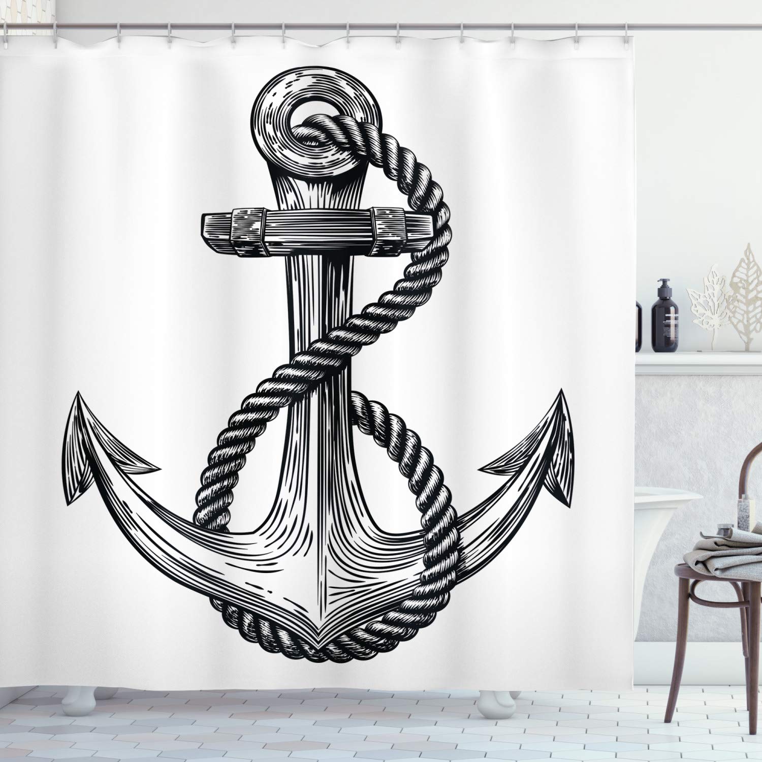 ABAKUHAUS Anchor Shower Curtain, Vintage Sketch Style Monochrome Rope Arrangement Naval Equipment Illustration, Cloth Fabric Bathroom Decor Set with Hooks, 70 Inches, Black and White