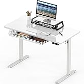 SHW 47 Inch Glass Electric Height Adjustable Desk with Monitor Riser and Drawer, White