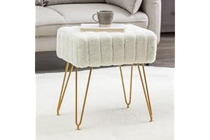 LUE BONA Square Faux Fur Vanity Stool Ottoman Bench, Vanity Chair for Makeup Room, LUEBONA Fuzzy Stool for Vanity, White Vanity Stool with Golden Legs, Small Vanity Footstool for Living Room, Bedroom