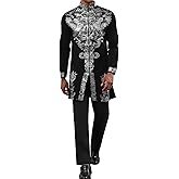Mens African 2 Piece Set Zipper Nigerian Dashiki Metallic Shirt and Pants Outfit Gold Stamp Printed Long Traditional Suit