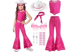 Latocos 8 PCS Cowgirl Costume Girls Kids 70s 80s Disco Outfits Movie Doll Dress Up Halloween Cosplay Gifts for 4-11Y