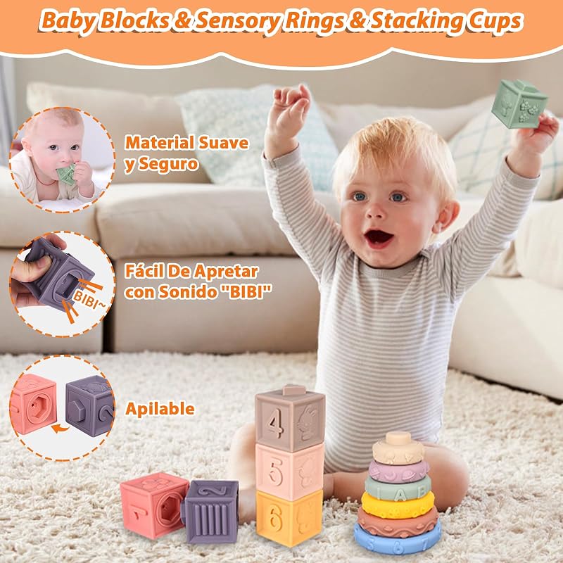 Brinquedos Montessori 6 em 1 para bebé, brinquedos para bebés dos 6 aos 12 meses, blocos de construção empilháveis, caixa de lenços, brinquedos Montessori para crianças pequenas a partir dos 12 aos 3 anos, oferta