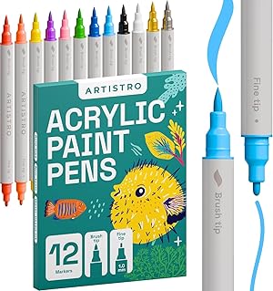 Artistro 12 Acrylstifte – Dual Tip (Pinsel & Fein) Marker für Stoff, Leinwand, Stein, Glas, Holz – Kalligrafie, Scrapbooking Zubehör, DIY & Geschenk für Kinder und Jugendliche – Kunstset