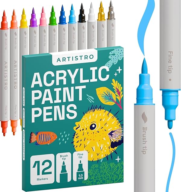 Artistro 12 Acrylstifte – Dual Tip (Pinsel & Fein) Marker für Stoff, Leinwand, Stein, Glas, Holz – Kalligrafie, Scrapbooking Zubehör, DIY & Geschenk für Kinder und Jugendliche – Kunstset