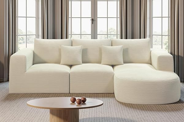 Hawthyhome Sofa mit Schlaffunktion rahmenloses Ecksofa L-Form Couch Installation-Free Cordstoff Ecksofa mit Rechts-Chaiselongue für Wohnzimmer 3 sitzer 264x177x59cm Beige