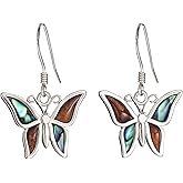 925 Sterling Silver Koa Wood and Abalone Shell Hawaiian Mauka to Makai Dangle Hook Earrings, Whale Tail Butterfly Maile Leaf Raindrop, Nickel Free Hypoallergenic for Sensitive Skin, Gift Box Included