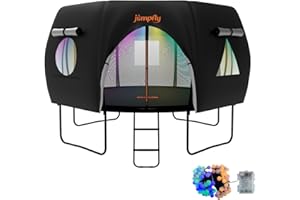 jumpfly Trampoline Tent for 12 FT 8 Curved Pole Round Trampoline, 12 FT Trampoline Tent with LED Light, Outdoor Trampoline Tents Canopy, Anti-UV Anti-Tear Sun Protection, Black/Sand (Tent Only)