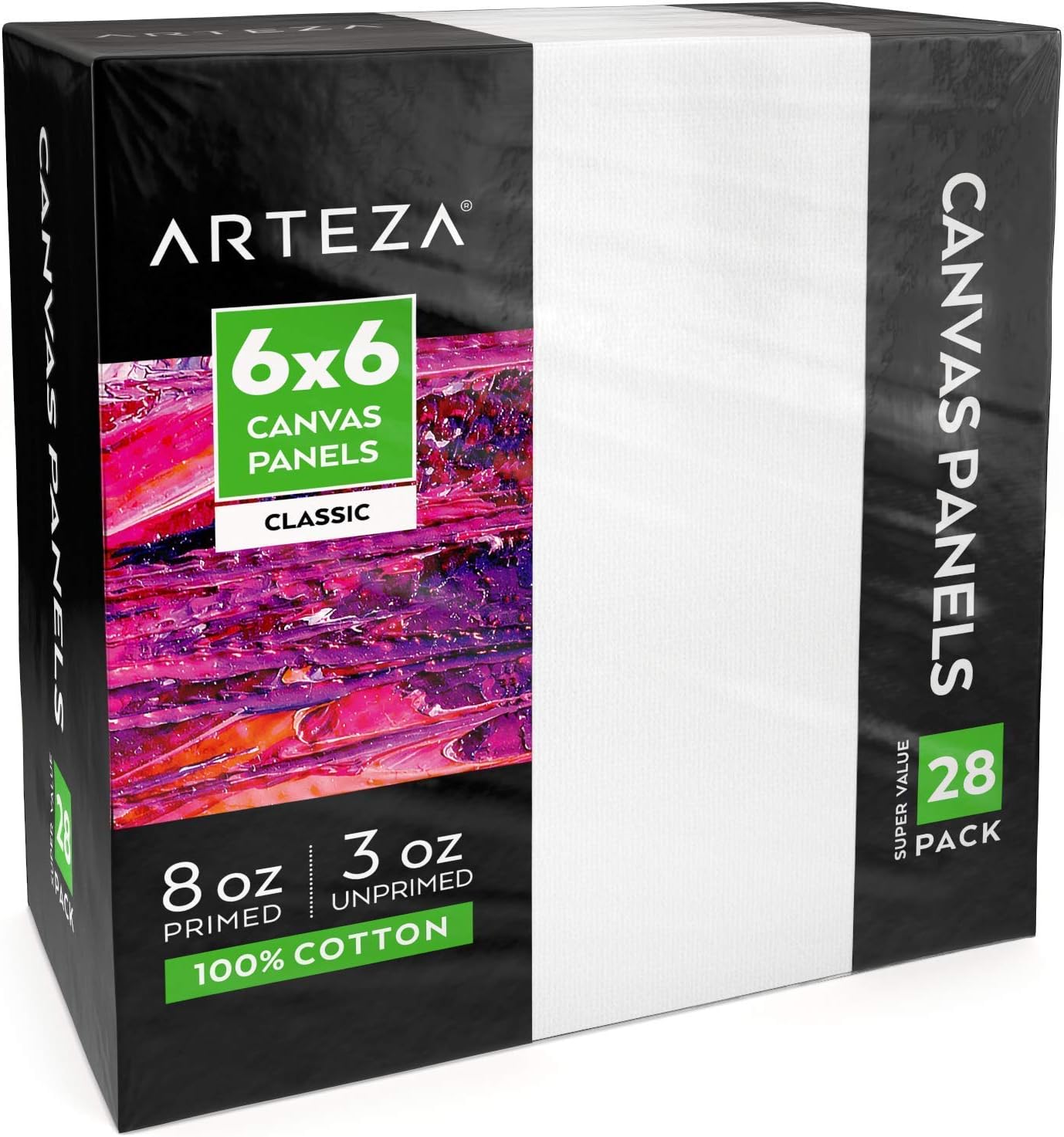 Arteza Painting Canvas Panels, 6x6, Pack of 28, Primed White, 100