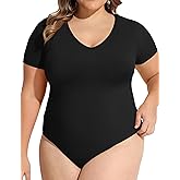 COOTRY Plus Size Short Sleeve Bodysuits for Women V Neck Body Suit Tops Basic One Piece Bodysuit T Shirt