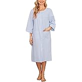Bloggerlove House Dress Women Cotton Snap Front Nightgown 3/4 Sleeve Housecoat Duster Robe with Pockets Moomoo Patio Dress