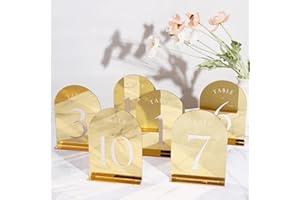UNIQOOO Gold Mirror Arch Wedding Table Numbers with Stands 1-15, 5x7 Acrylic Display Signs and Holders, Pack of 15, Perfect f