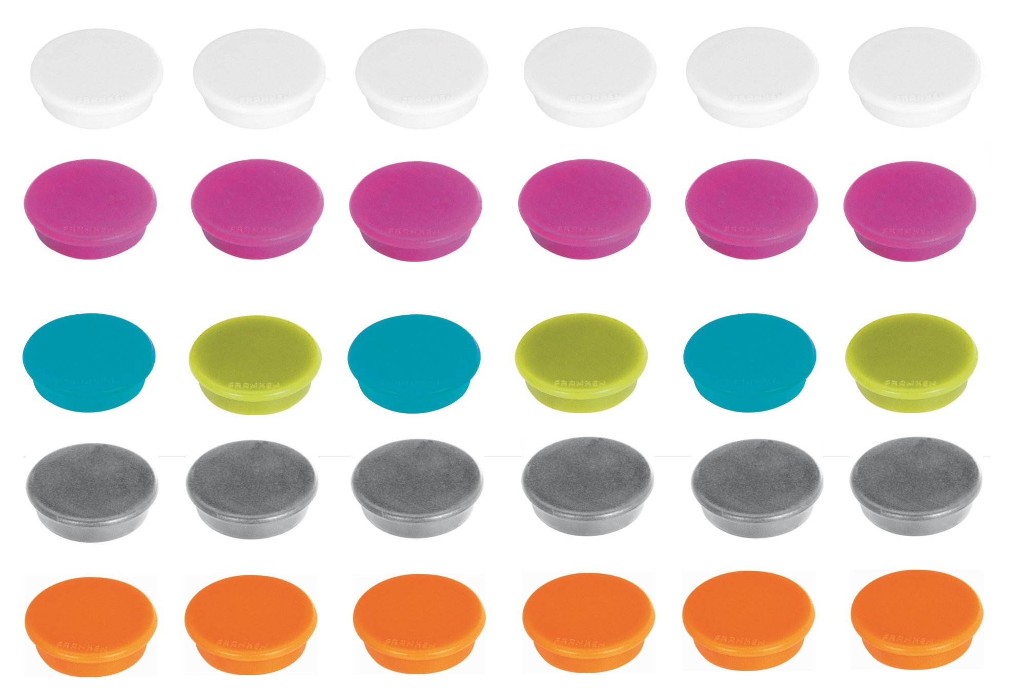 Franken Magnets for whiteboard, fridge, magnetic board, magnetic board, assorted colours in trendy colours: pearl white, pink, light blue, light green, silver, orange, 30 pieces