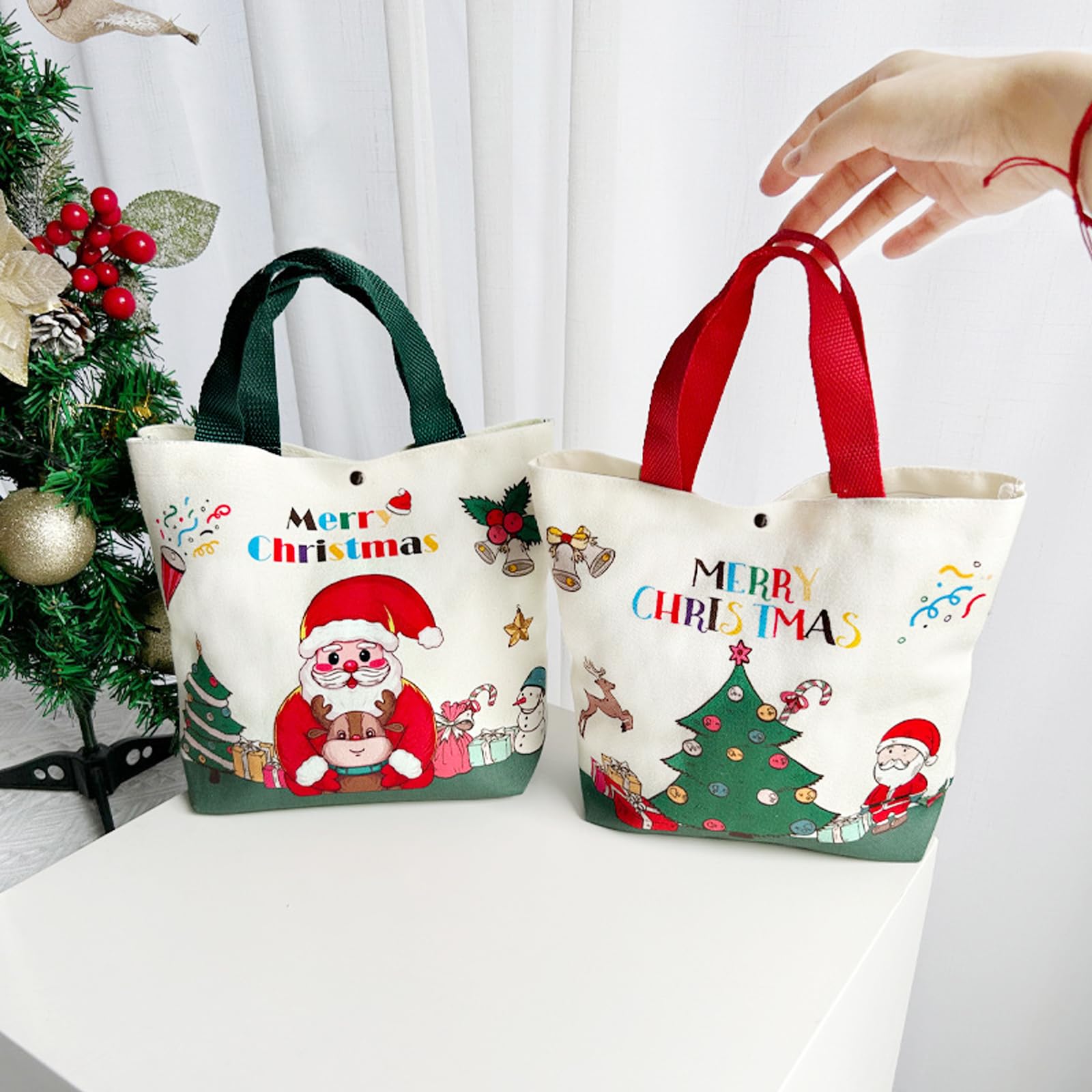 Photo 1 of **ONE PC**Adonisaon Christmas Gift Bags Candy Bags Tote Bags with Santa Deer Christmas Tree Design Reusable Canvas Handles Grocery Shopping Bags for Xmas Party Decor 2 Pack