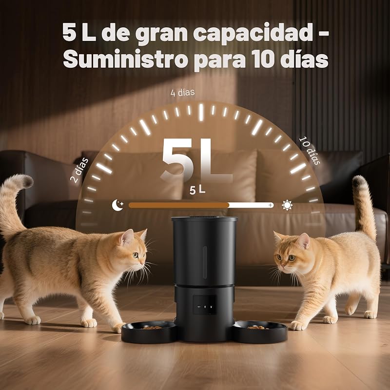 Comedero Gato Automático Doble & App: Dispensador Automático de 5L con WiFi 2.4G y Temporizador para Comida Seca - Diseño de Comedero Doble AONBOY para Múltiples Gatos y Perros - Negro