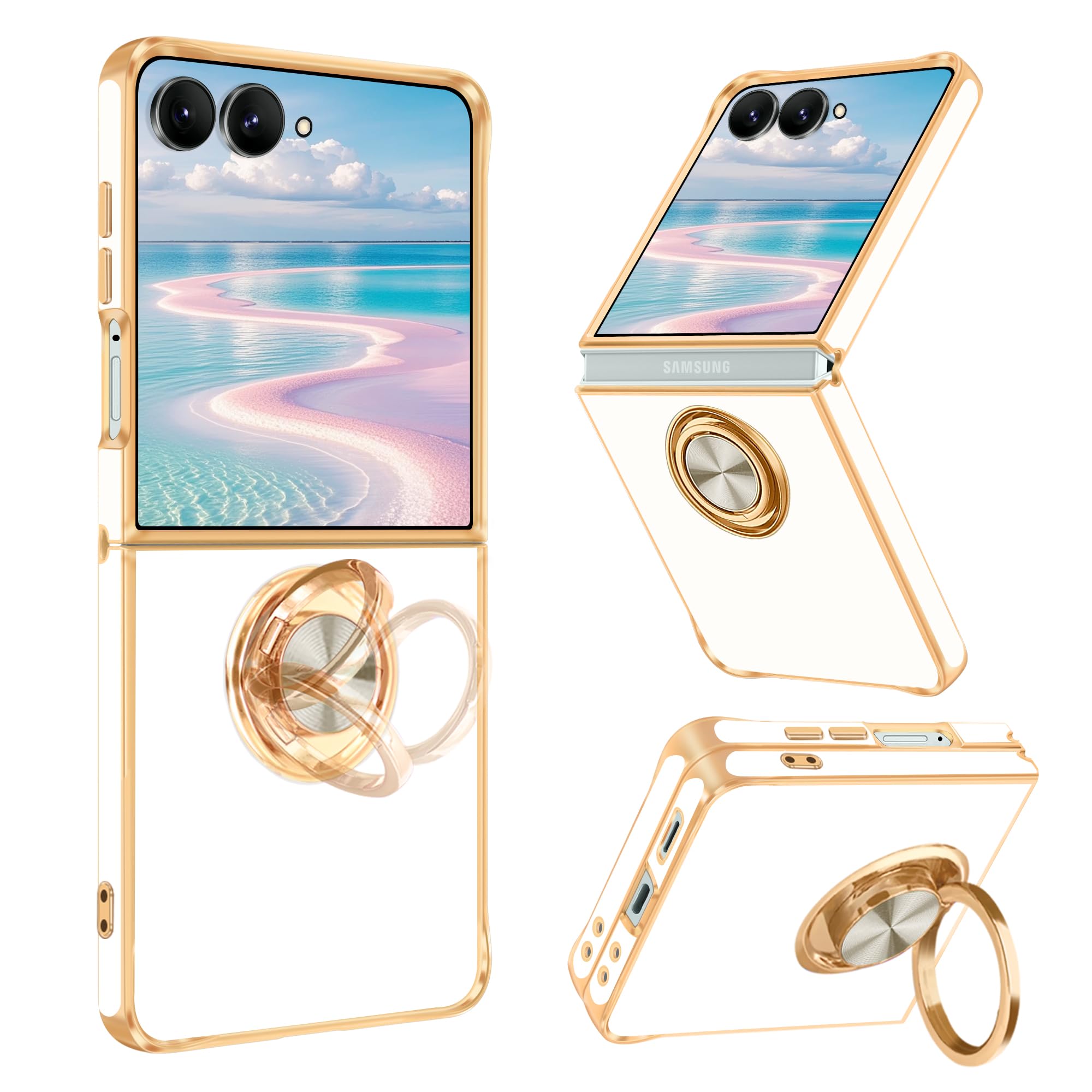 Photo 1 of Fingic for Samsung Z Flip 7 Case[with 360°Rotatable Ring Holder][Support Magnetic Car Mount]Shiny Plating Gold Slim Thin Soft TPU Bumper Shockproof Case for Samsung Galaxy Z Flip 7 for Girls Boy,White