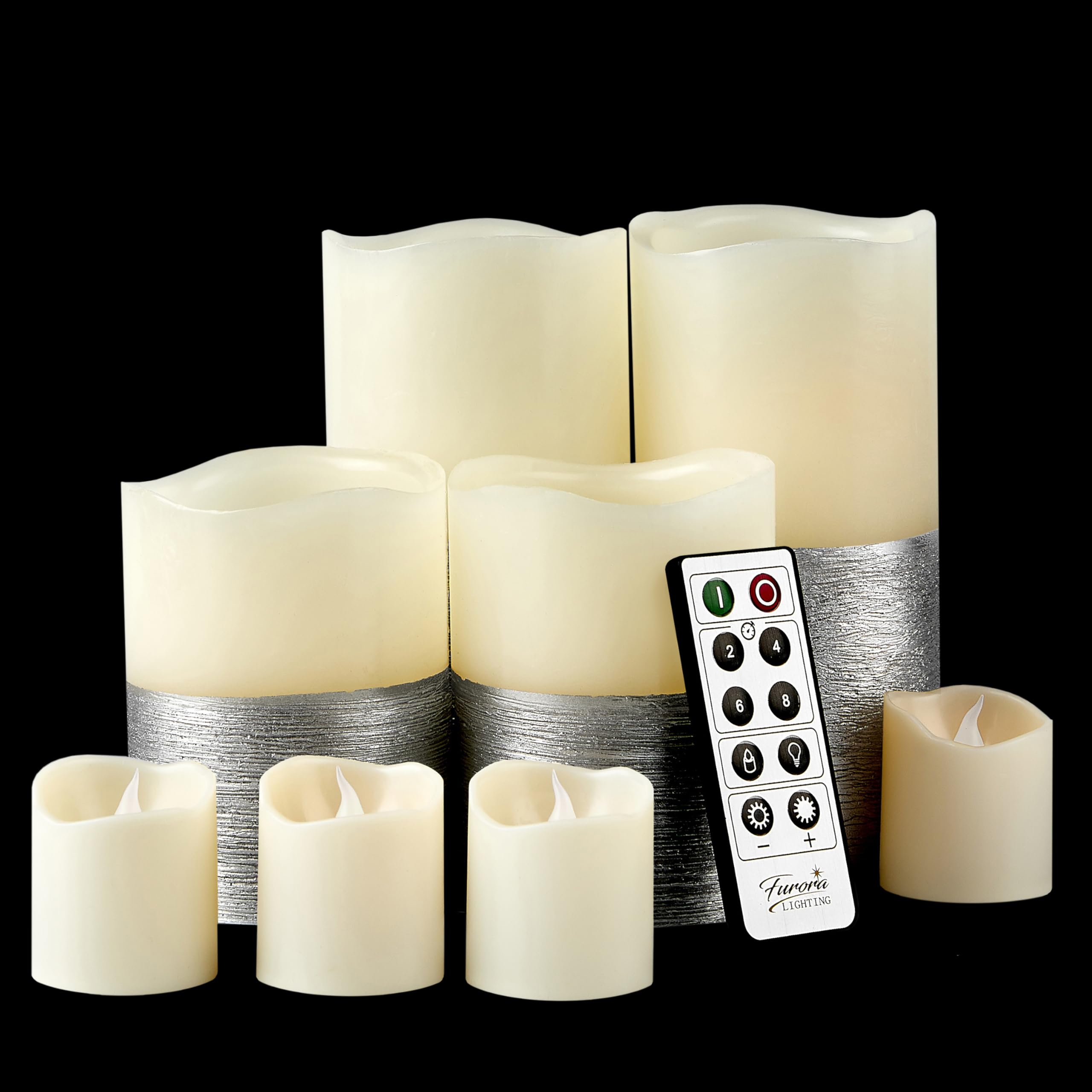 Furora LIGHTING LED Flameless Candles with Remote Control, Set of 8, Real Wax Battery Operated Pillars and Votives LED Candles with Flickering Flame and Timer Featured (Silver Trim, Silver Trim)