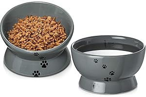 Y YHY Raised Cat Food and Water Bowl Set, Tilted Elevated Cat Food Bowls No Spill, Ceramic Cat Food Feeder Bowl Collection, Pet Bowl for Flat-Faced Cats and Small Dogs, Set of 2, Grey