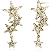 Aliyoham 14K Gold Plated Star Earrings for Women, 4 Star Cubic Zirconia Dangle Earrings Hypoallergenic Gold Jewelry for Women​​