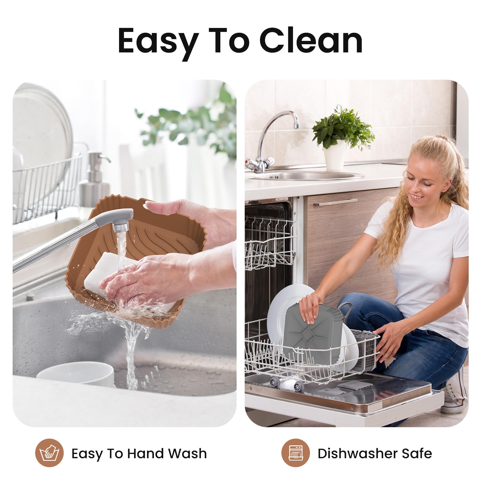 Redfly 2 Pack Silicone Air Fryer Liners, Square Reusable Non-Stick Basket Inserts for 4-5 QT Air Fryers, Dishwasher Safe Parchment Paper Replacement Accessories Brown & Gray