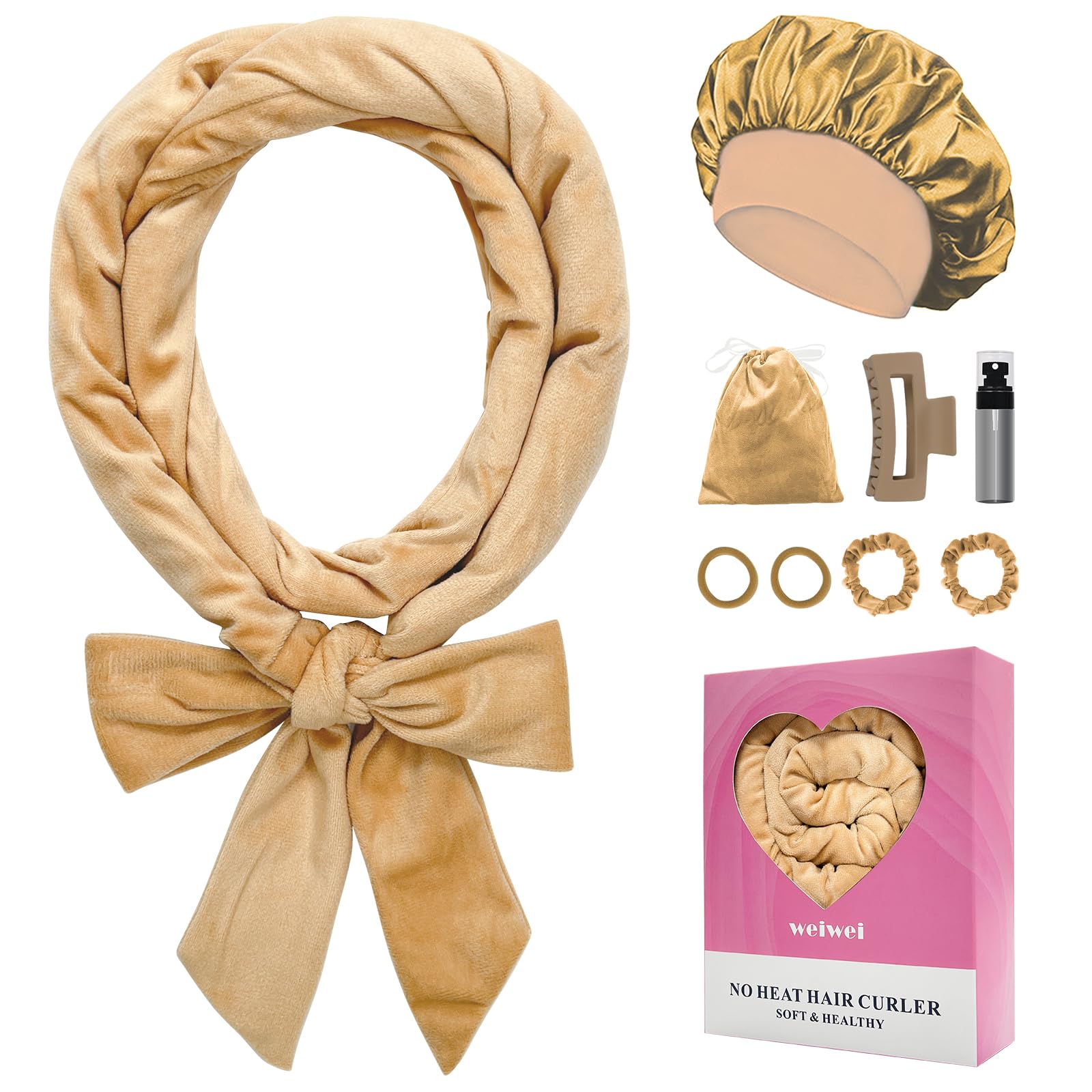 weiwei Heatless Curlers Headband, Heatless Overnight Curls Hair Curlers No Heat, 70" Soft No Heat Hair Curlers, 9 PCS Curling Rods Gift Set for Women Long Wave Hair Volume -Khaki