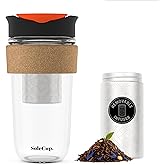 SoleCup. Large Travel Mug Loose Tea Infuser - Detachable Tea Strainer with Spill Proof Lid - 18oz/530ml BPA-Free Reusable Glass Travel Coffee Cup with Cork Band (Black, 18oz)