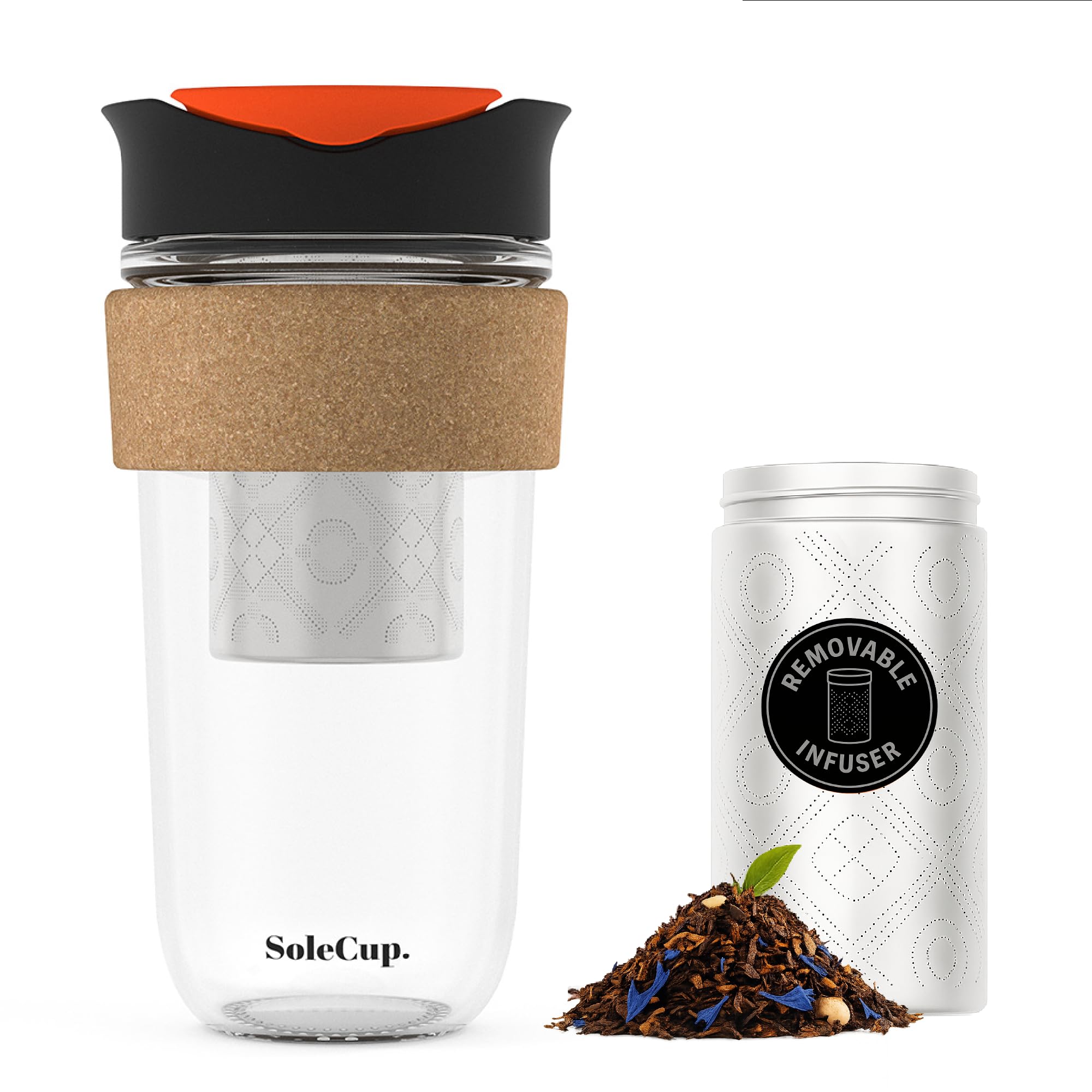 SoleCup. Large Travel Mug Loose Tea Infuser - Detachable Tea Strainer with Spill Proof Lid - 18oz/530ml BPA-Free Reusable Glass Travel Coffee Cup with Cork Band (Black, 530ml / 18oz)