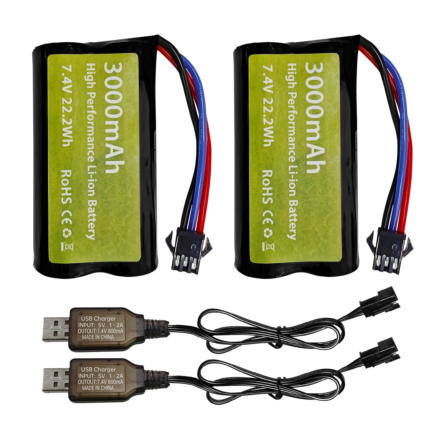 ZYGY 2PCS 7.4V 3000mah 15C 2S Li-ion Battery with SM-3P Plug with USB Charging Cable for DE43 DE60 9500E 9309E Control Car Model Car Truck Huina 1575 RC Engineering Vehicle RC Toy Car Battery