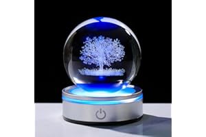 ARIKYRIST Crystal 3D Tree of Life 3.15in Ball Figurine Gifts for Her, Glass Plant Art Sphere for Room with LED Light Base for Men, Collectible Keepsake for Tree Lovers Home Decor Paperweight