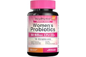 NewRhythm Women's Probiotics, Organic Cranberry, 50 Billion CFU 18 Strains, Probiotics with Prebiotics, No Refrigeration Needed, Non-GMO, No Soy, 60 Vegan Capsules, No Dairy