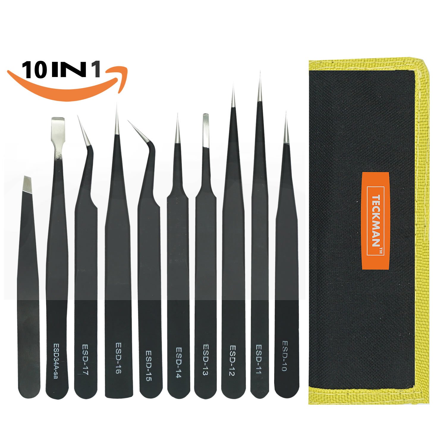 TECKMAN Precision Tweezer Set,10 Pack Best ESD Tweezers Set Stainless