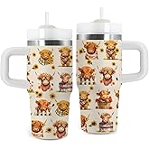 xiiai Highland Cow Gifts - 14oz Kids Highland Cattle Yak Tumbler with Handle and Straw, Stainless Steel Insulated Water Cup, for Boys & Girls, Travel - Farm Animal Cow Children Birthday Gift Cup(1pc)