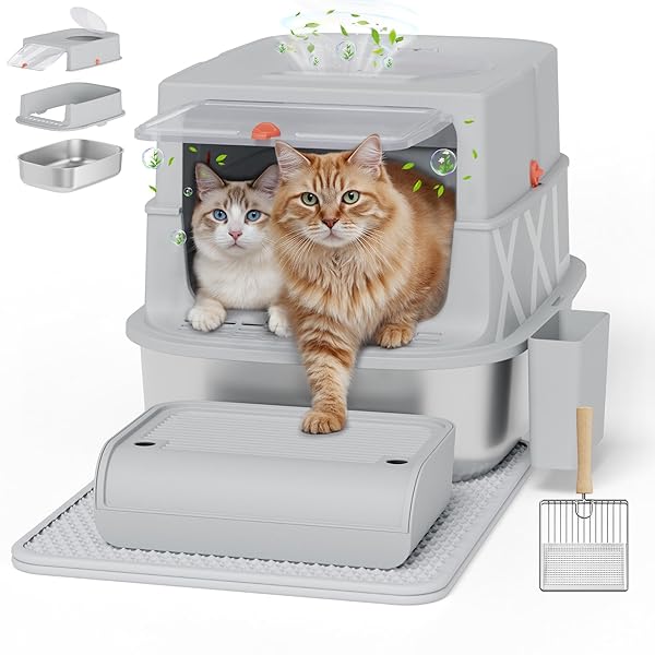 STAINLESS STEEL LITTER BOX WITH LID, EXTRA LARGE ENCLOSED CAT LITTER BOX FOR BIG CATS, ANTI-LEAKAGE METAL KITTY BOX WITH HIGH SIDED ENCLOSURE, SCOOP, PEDAL & NON-SLIP MAT, EASY TO CLEAN