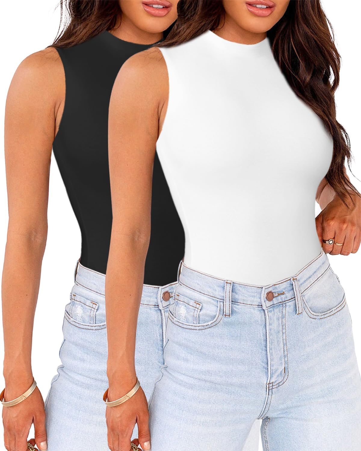 Photo 1 of WAYMAKER Black White Bodysuit Set for Women High Neck Sleeveless Tank Top Body Suit, Black White, Small