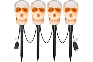 KONICTOM Halloween Skull Pathway Lights, 4 Halloween 3D Skeleton Light with Stake, C7 Outdoor Connectable Skull Shaped Pathway String Lights for Patio Backyard Garden Walkway Halloween Party Decor, Black Wire