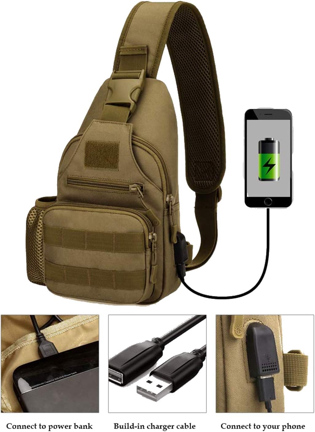 HUNTVP Tactical Military Chest Bag Molle Crossbody Shoulder Sling Pack Backpack with Water Bottle Holder USB Outlet, Brown - Image 5