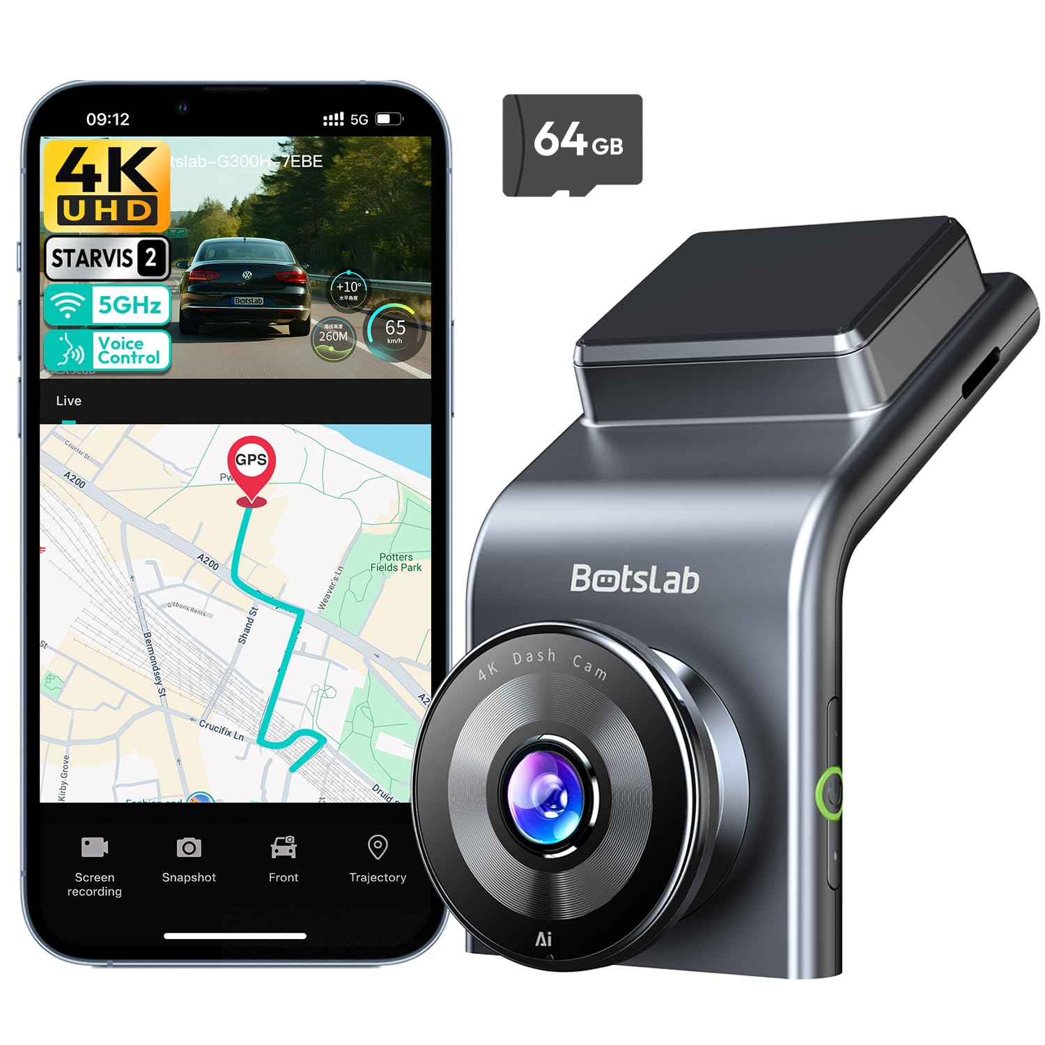 Photo 1 of BOTSLAB 4K Dash Cam Front, STARVIS 2 Sensor, Voice Control, 64GB Card Included, 5GHz WiFi, Built in GPS, WDR Night Vision, 170°Wide Angle