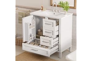 30 Inch Bathroom Vanity with Sink, White Freestanding Bathroom Vanity Cabinet with 1 Door and 3 Soft-Close Drawers, Ceramic S