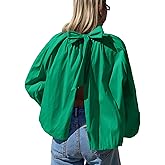 Tankaneo Womens Babydoll Tops Puff Long Sleeve Open Back Bow Tie Blouses Bubble Mock Neck Pleated Shirts