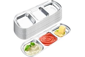 RMERVE Stainless Steel Korean BBQ Sauce Plates Korean Kitchenware Plates With 3 Sauce Compartment Soy Sauce Dish Plates With 