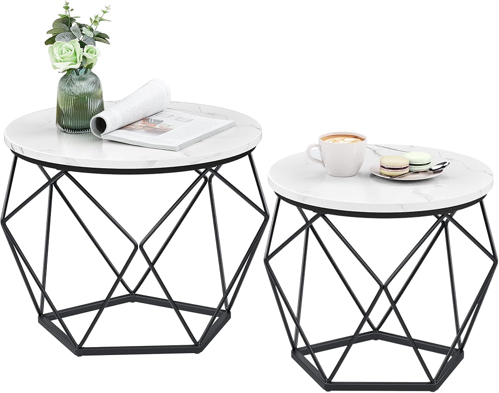VASAGLE Round Coffee Tables Set of 2 White Black LET040B59