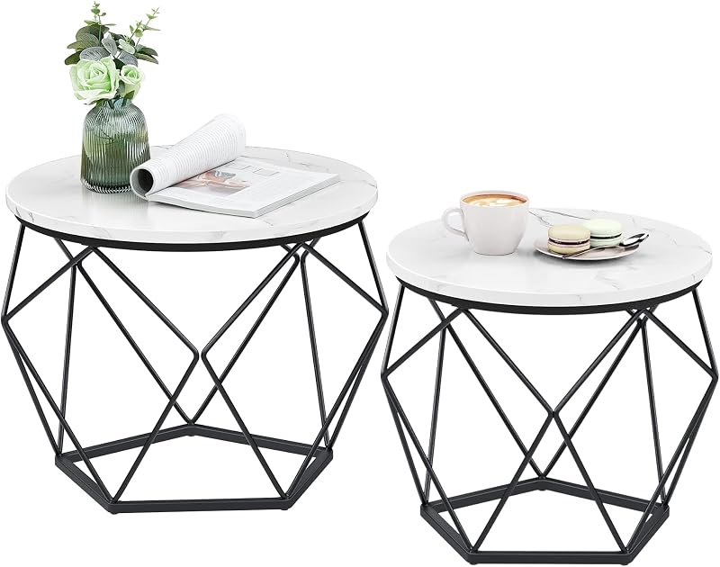 VASAGLE Round Coffee Tables Set of 2 White Black LET040B59