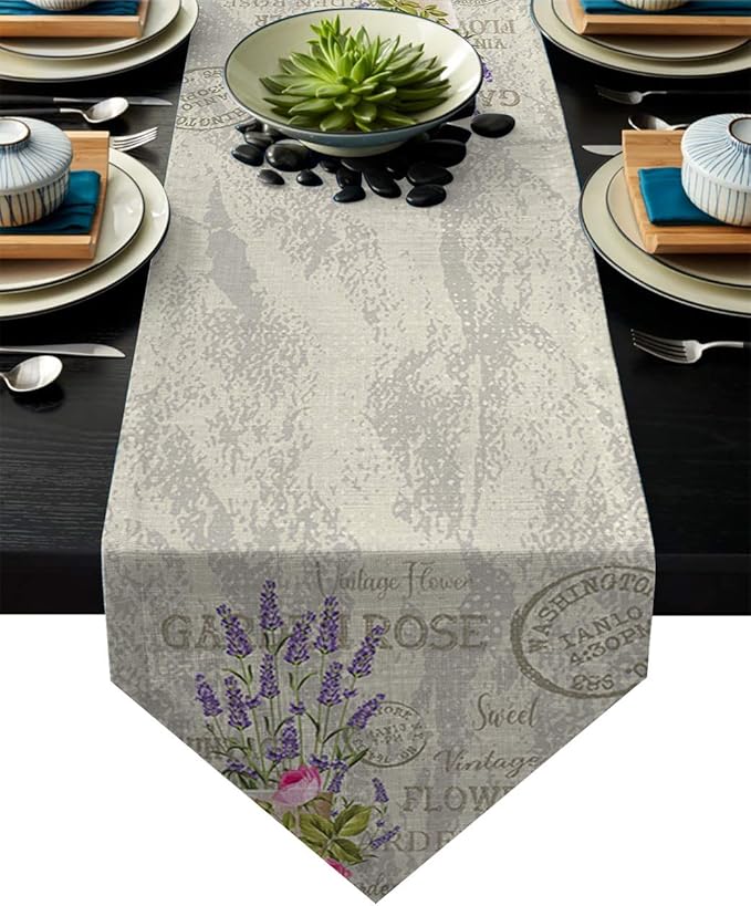 Purple Lavender Flowers Pink Rose Cotton Linen Table Runner