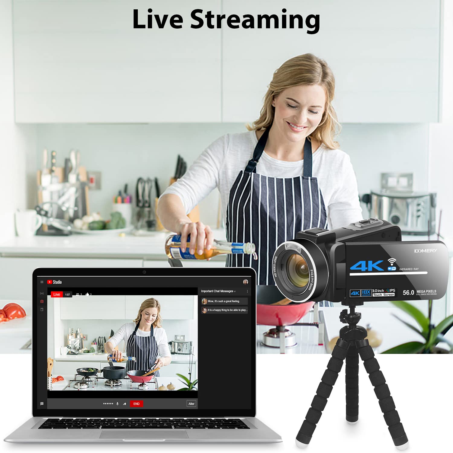 KOMERY Camcorders Video Camera 4K 56MP UHD for YouTube with External Mic with 32G SD Card 2.4G Remote IR Night Vision, 18X Digital Zoom WiFi