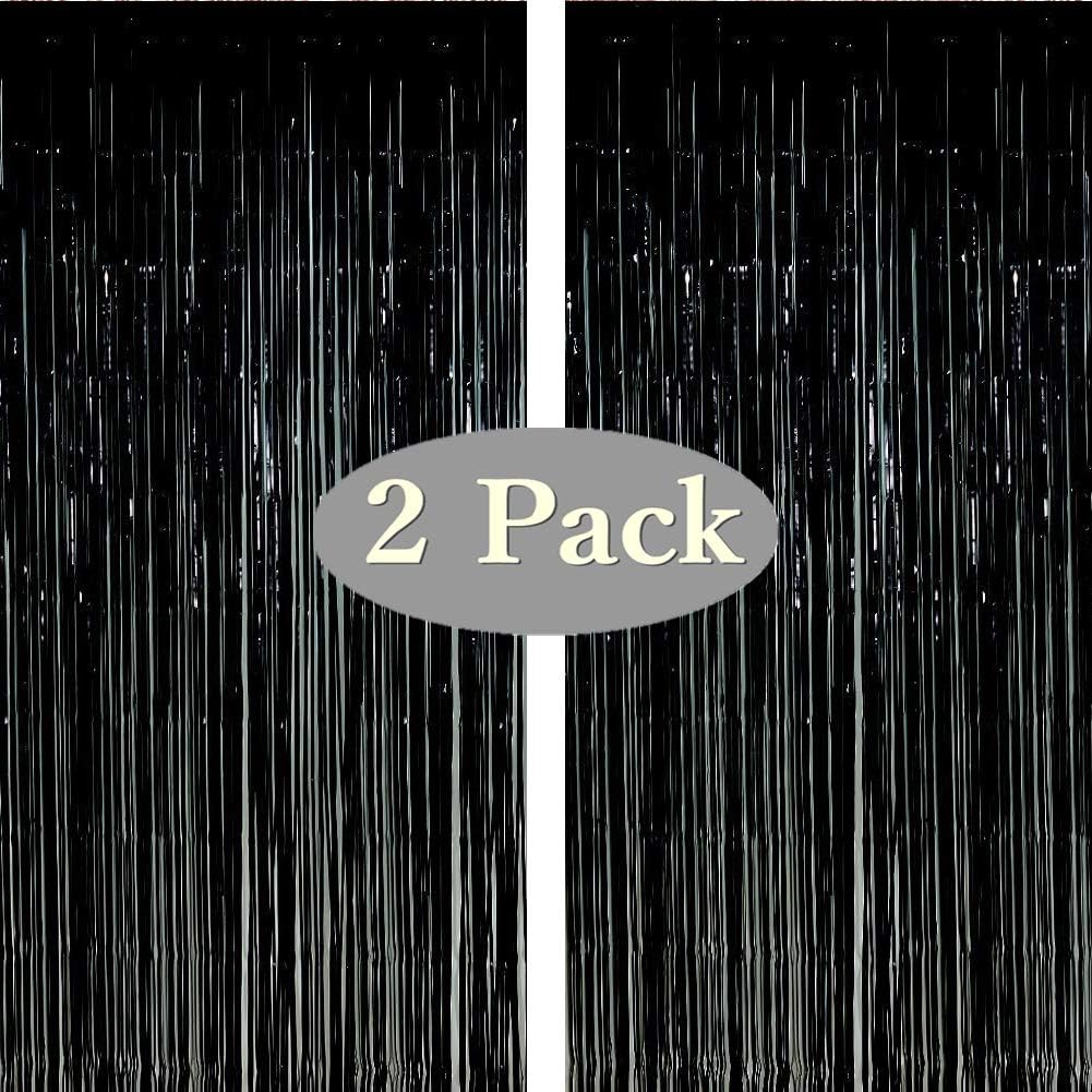 Twinkle Star Photo Booth Backdrop Foil Curtain Tinsel Backdrop Environmental Background for Birthday Party, Wedding, Graduation, Christmas Decorations (2 Pack, Black)